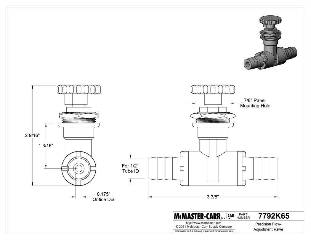 Technical Drawing of Precision Flow-Adjustment Valve, with Barbed Fittings for 1/2" Tube ID, White Polypropylene.